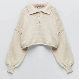 ZARA Chunky Knit Cropped Cotton Polo Long Sleeve Sweater Size Small in Cream